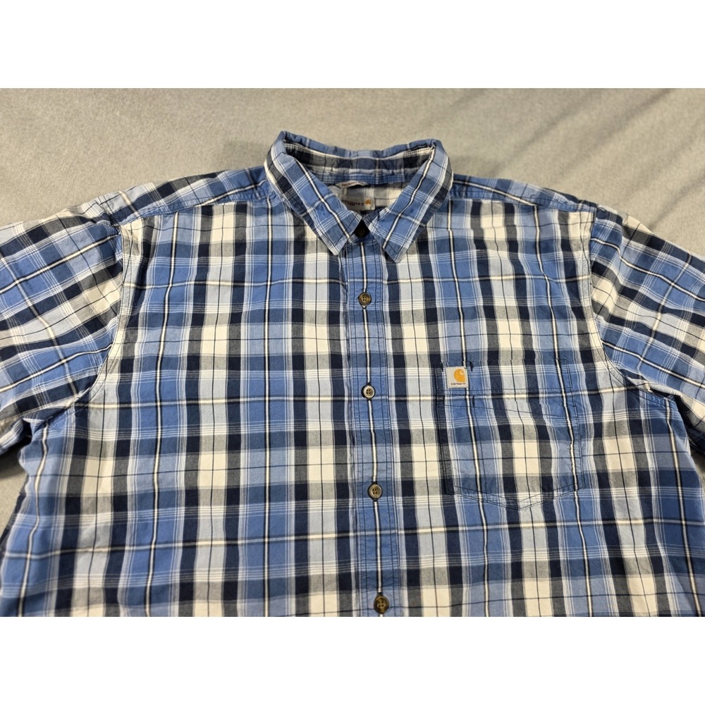 Carhartt Shirt Men's Relaxed Fit XL Blue White Plaid Button Up S/S Workwear